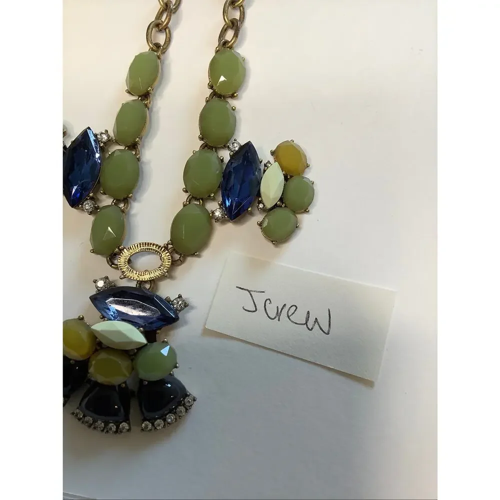 J Crew Gold Tone Green Jade Blue Crystal Statement Bib Necklace Boho Y2K F10-11
